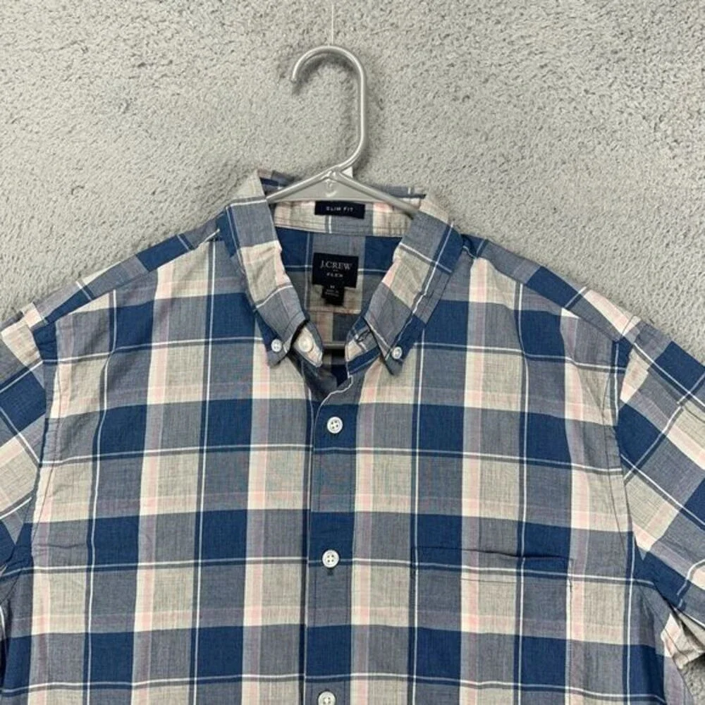 J Crew Shirt Adult Medium Flex Blue Grey Plaid Button Down Slim Fit Mens NEW